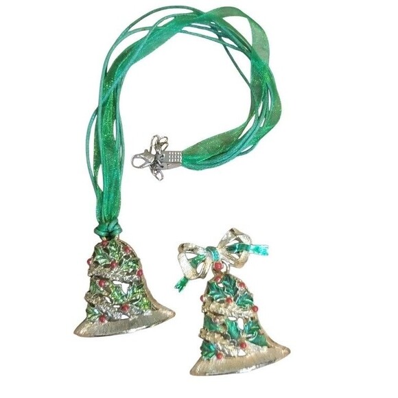 Vintage GERRY'S Holly Berry Leaf Bell Pin Brooch Necklace Pendant Signed Set - Picture 3 of 6